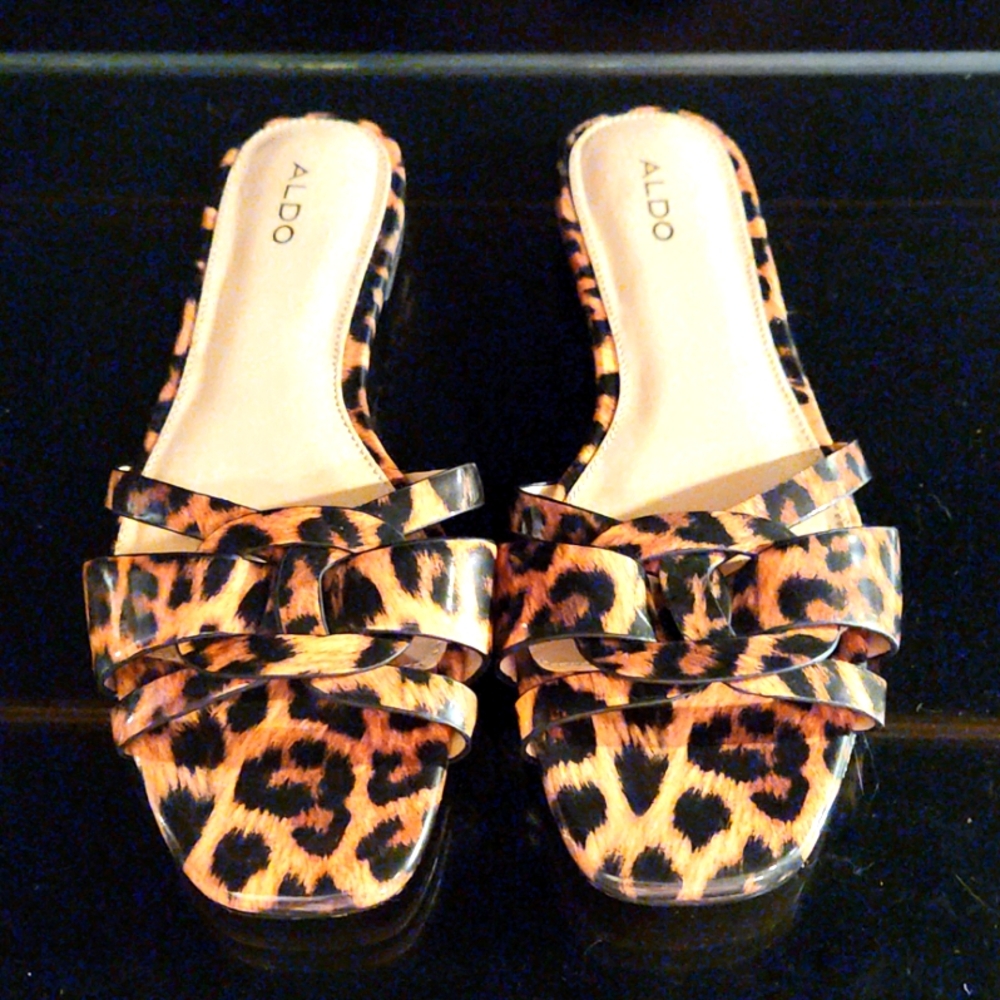 Aldo Womens Astirassa Slides Sandals Brown Black Leopard Print Slip On 8.5